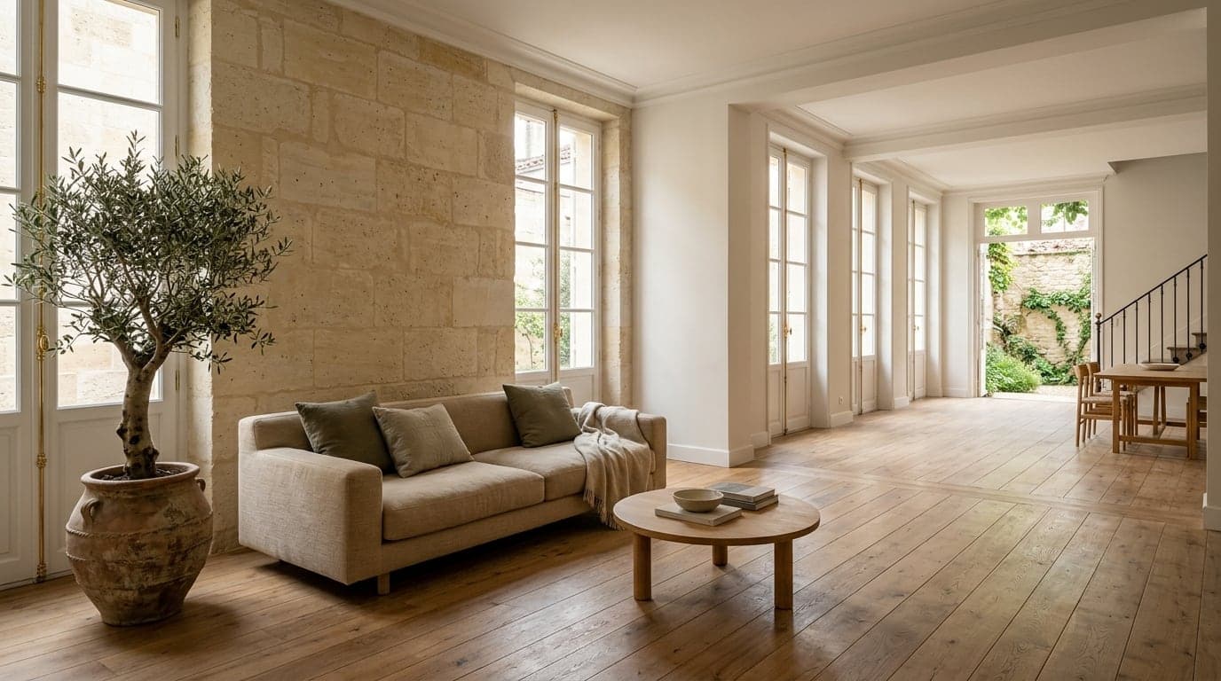Séjour lumineux en pierre et parquet — Maison Garonne